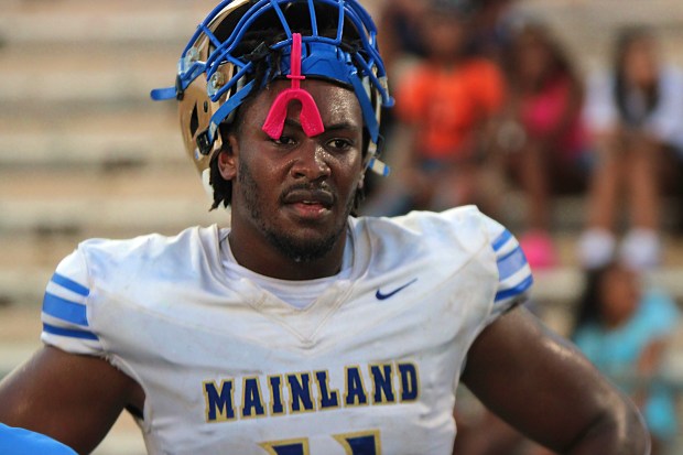 L.J. McCray of Daytona Beach Mainland High has risen to the top of the Sentinel's 2024 Central Florida Super60 and has quickly become one of the best defensive ends in the country. (Chris Hays/Orlando Sentinel)
