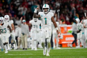 Dolphins quarterback Tua Tagovailoa reacts after a touchdown against the Chiefs in Germany on Nov. 5, 2023. (AP Photo/Steve Luciano)