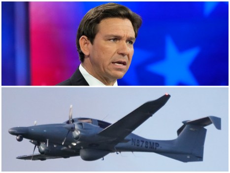 Gov. Ron DeSantis signed laws to restrict the influence of China in Florida. But his administration is spending millions to lease an aircraft made by a Chinese-owned company to hunt down illegal immigrants in Florida. (Rebecca Blackwell/AP, Joe Cavaretta/South Florida Sun Sentinel)

