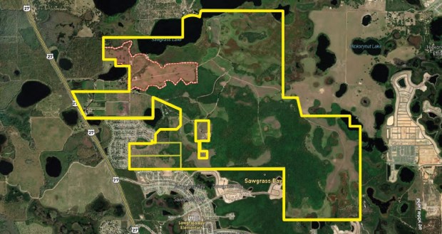 The listing covers 1,750 acres in Lake County's Wellness Way Area. The sellers will retain 130 acres marked in red. (Map courtesy of Maury L. Carter & Associates)