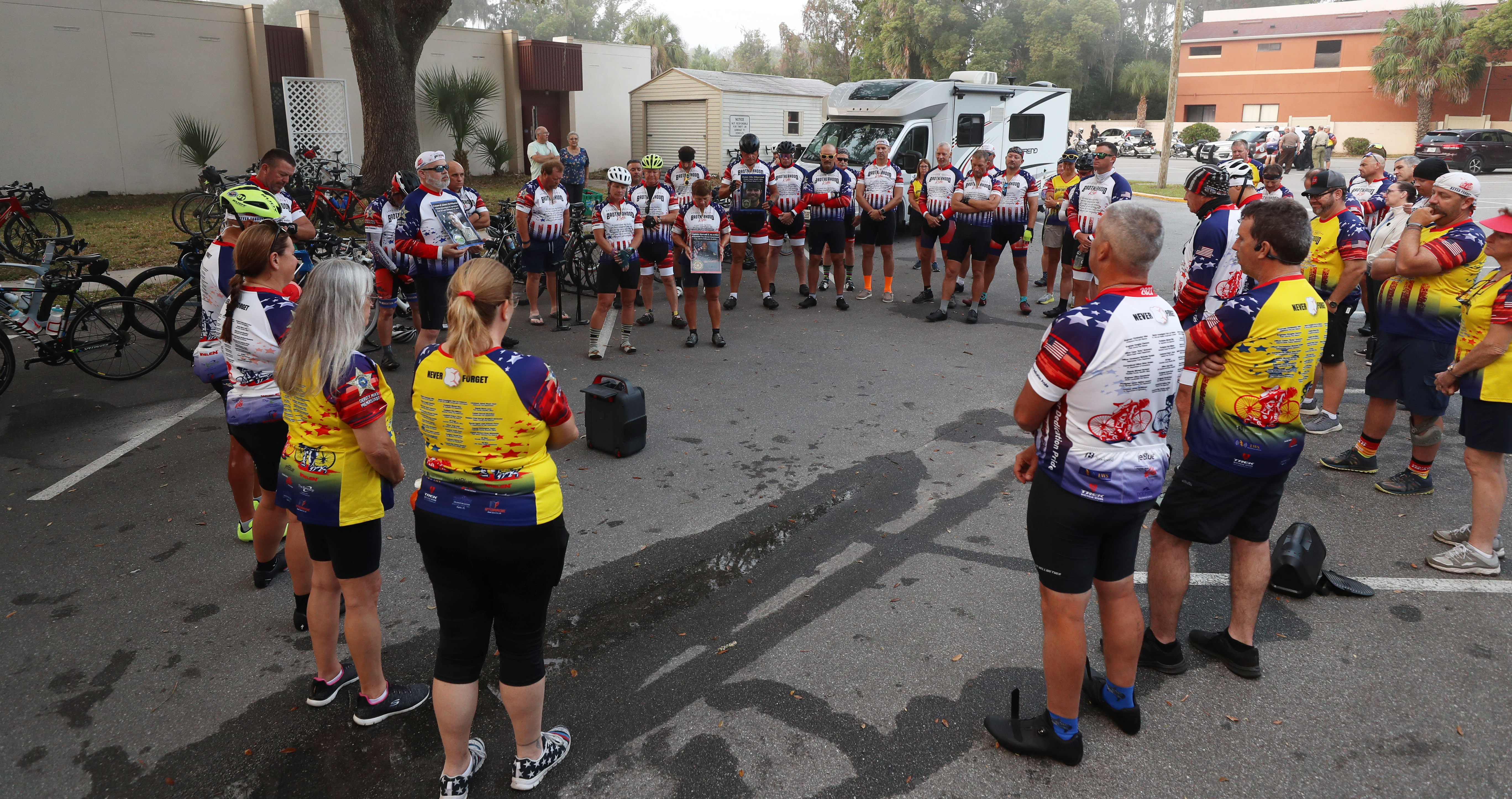 Cyclist participating in the Brotherhood Ride gather before departing the Elks Lodge 1079, on their way to Cocoa Beach, on Tuesday, October 31, 2023. The ride is dedicated to the 28 Florida Fallen First Responders who died in the line of duty in 2022 while protecting their communities. They started in Naples and will end their 9-day ride through Florida in Miami.(Ricardo Ramirez Buxeda/ Orlando Sentinel)