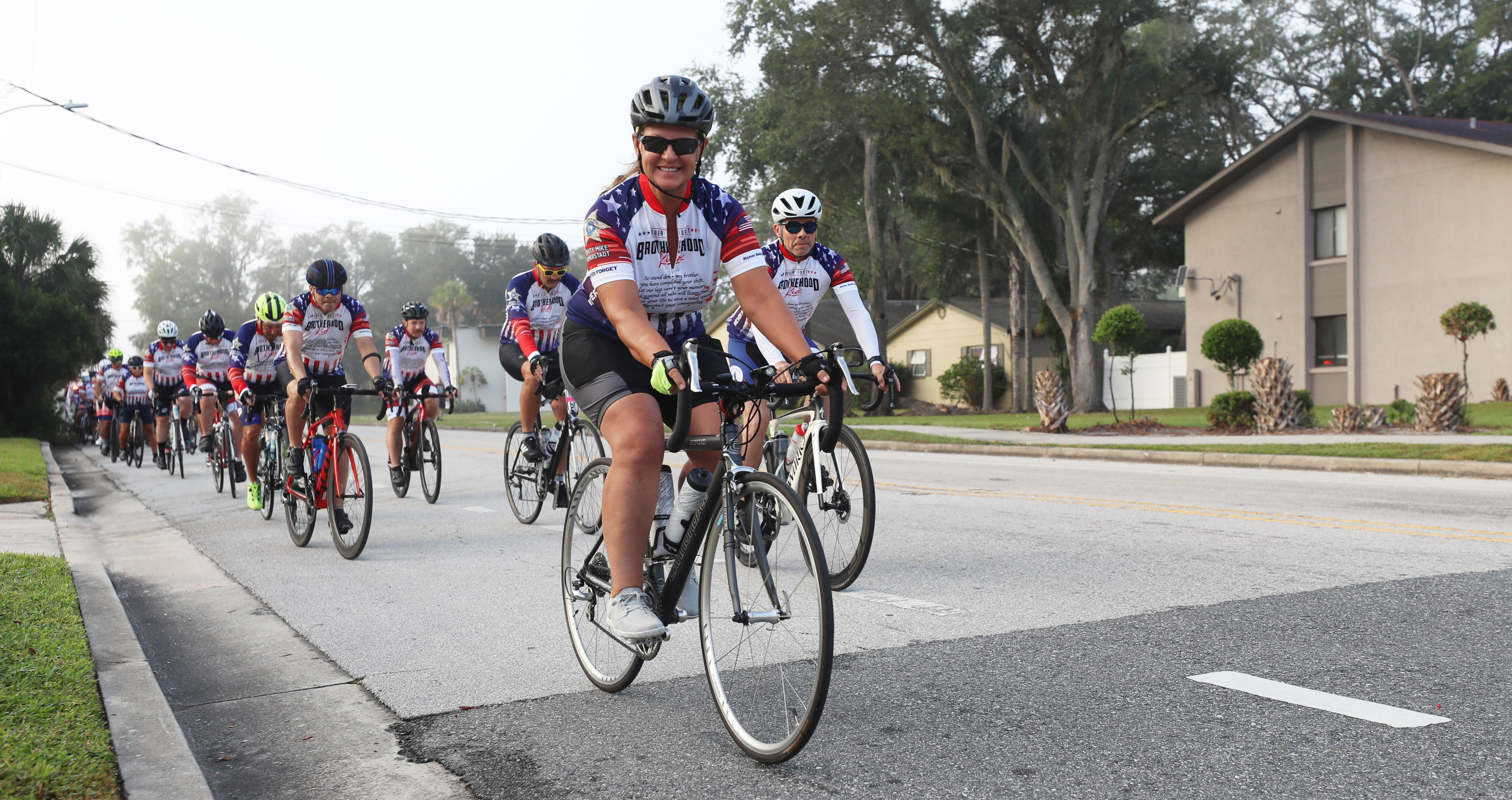 Cyclist participating in the Brotherhood Ride depart Elks Lodge 1079, on their way to Cocoa Beach, on Tuesday, October 31, 2023. The ride is dedicated to the 28 Florida Fallen First Responders who died in the line of duty in 2022 while protecting their communities. They started in Naples and will end their 9-day ride through Florida in Miami.(Ricardo Ramirez Buxeda/ Orlando Sentinel)