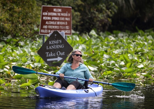 Seminole Soil and Water Conservation District board member and longtime Longwood resident Gabbie Milch kayaks on the Wekiva River, downstream of the state park at Wekiva Island in Longwood, Friday, July 7, 2023. (Joe Burbank/Orlando Sentinel)