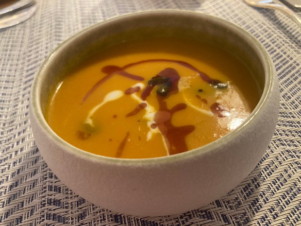 A bowl of butternut squash soup is on the menu at Aquamar Kitchen, a new healthy dining venue on board Oceania Vista, the first new ship from Oceania Cruises in a decade, which arrived to PortMiami on Oct. 14, 2023. (Richard Tribou/Orlando Sentinel)
