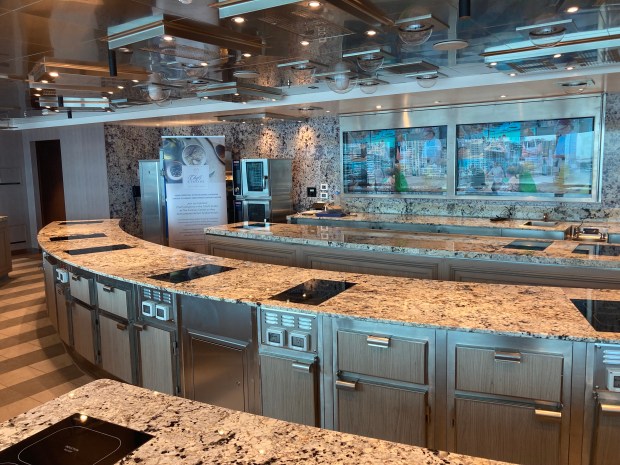 The Culinary Center test kitchen on board Oceania Vista, the first new ship from Oceania Cruises in a decade, which arrived to PortMiami on Oct. 14, 2023. (Richard Tribou/Orlando Sentinel)