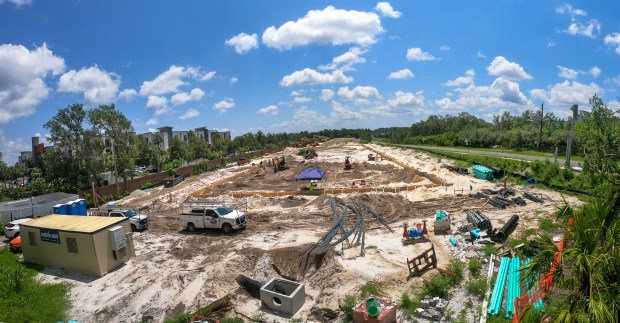 The former site of the home of John and Patricia Fulmer, under commercial development at the corner of H.E. Thomas Parkway and Cherry Laurel Drive in Sanford, photographed Tuesday, June 27, 2023. The property is located northeast of the former Siemens-Stromberg property at 400 Rinehart Road in Lake Mary. The Siemens-Stromberg complex was designated a hazardous waste site after groundwater contamination from solvent use was discovered in numerous onsite environmental tests over the last 20 years. (Joe Burbank/Orlando Sentinel)